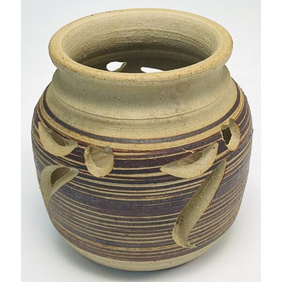 VTG Handmade 4.75" Brown Leaf Stripe Design Studio Pottery CANDLE LANTERN EUC - Picture 4 of 6